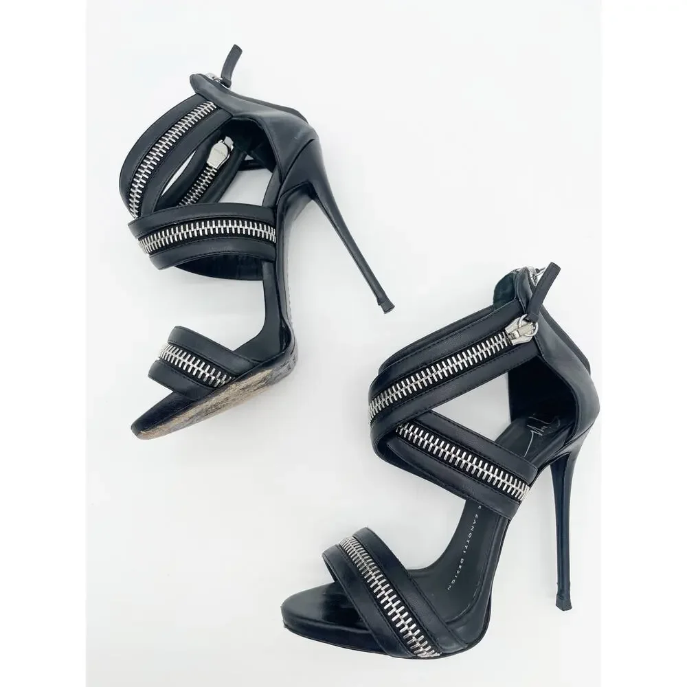 Giuseppe Zanotti Black Leather Zipper Strap Stiletto Cage Sandal Heels IT 36